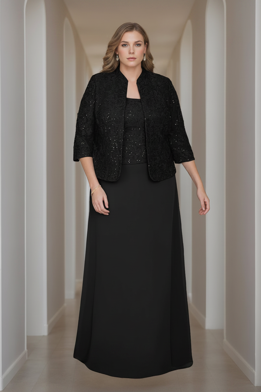 Sheath/Column 2 Pieces Square Neck 3/4 Length Sleeves Floor-Length Mother of the Bride Dresses with Jacket, Lace & Sequins