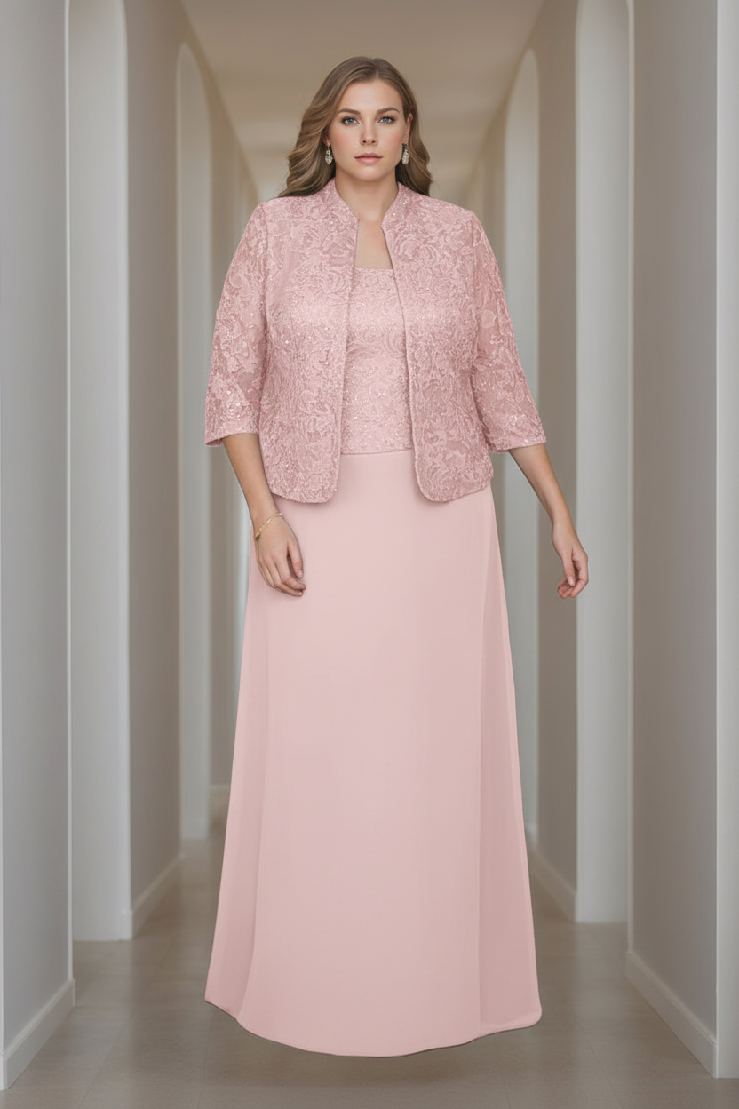 Sheath/Column 2 Pieces Square Neck 3/4 Length Sleeves Floor-Length Mother of the Bride Dresses with Jacket, Lace & Sequins