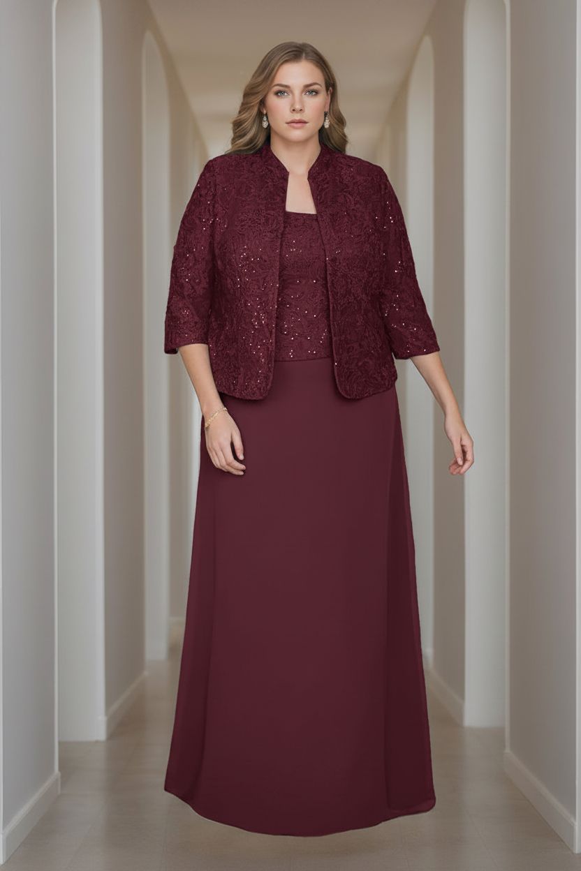 Sheath/Column 2 Pieces Square Neck 3/4 Length Sleeves Floor-Length Mother of the Bride Dresses with Jacket, Lace & Sequins