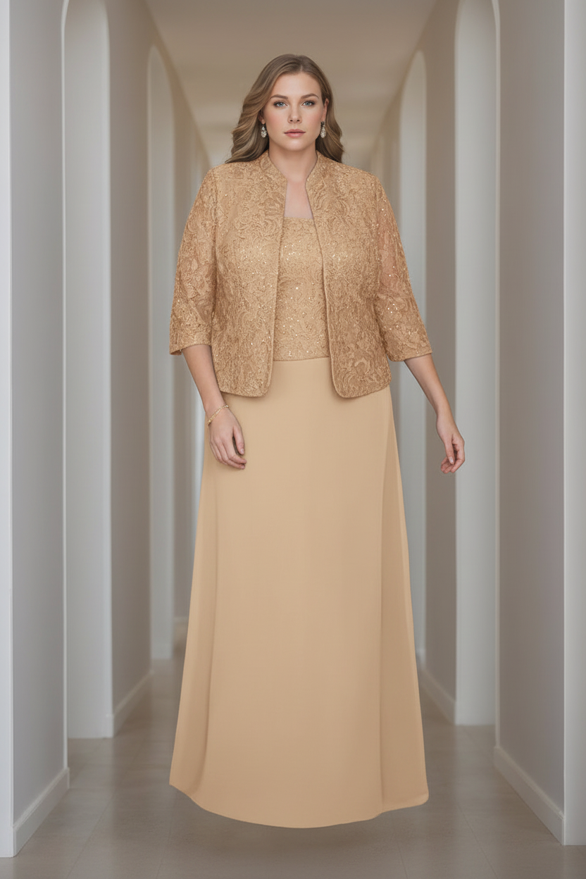 Sheath/Column 2 Pieces Square Neck 3/4 Length Sleeves Floor-Length Mother of the Bride Dresses with Jacket, Lace & Sequins