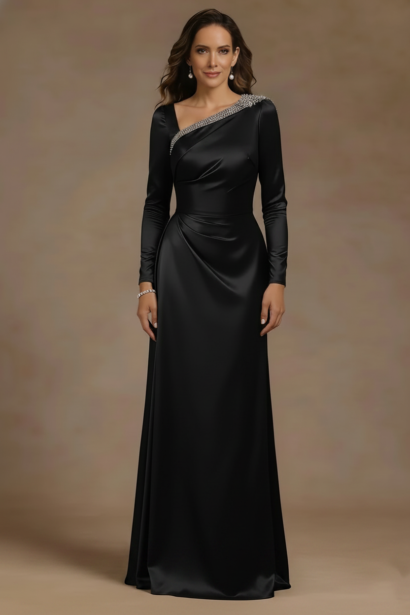Sheath/Column Asymmetrical Neck Satin Mother of the Bride Dresses Rhinestone Long Sleeves Floor-Length Ruched