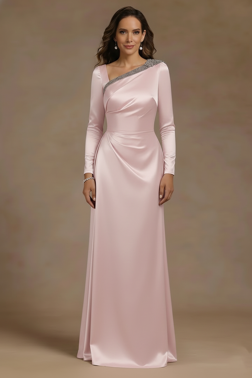 Sheath/Column Asymmetrical Neck Satin Mother of the Bride Dresses Rhinestone Long Sleeves Floor-Length Ruched