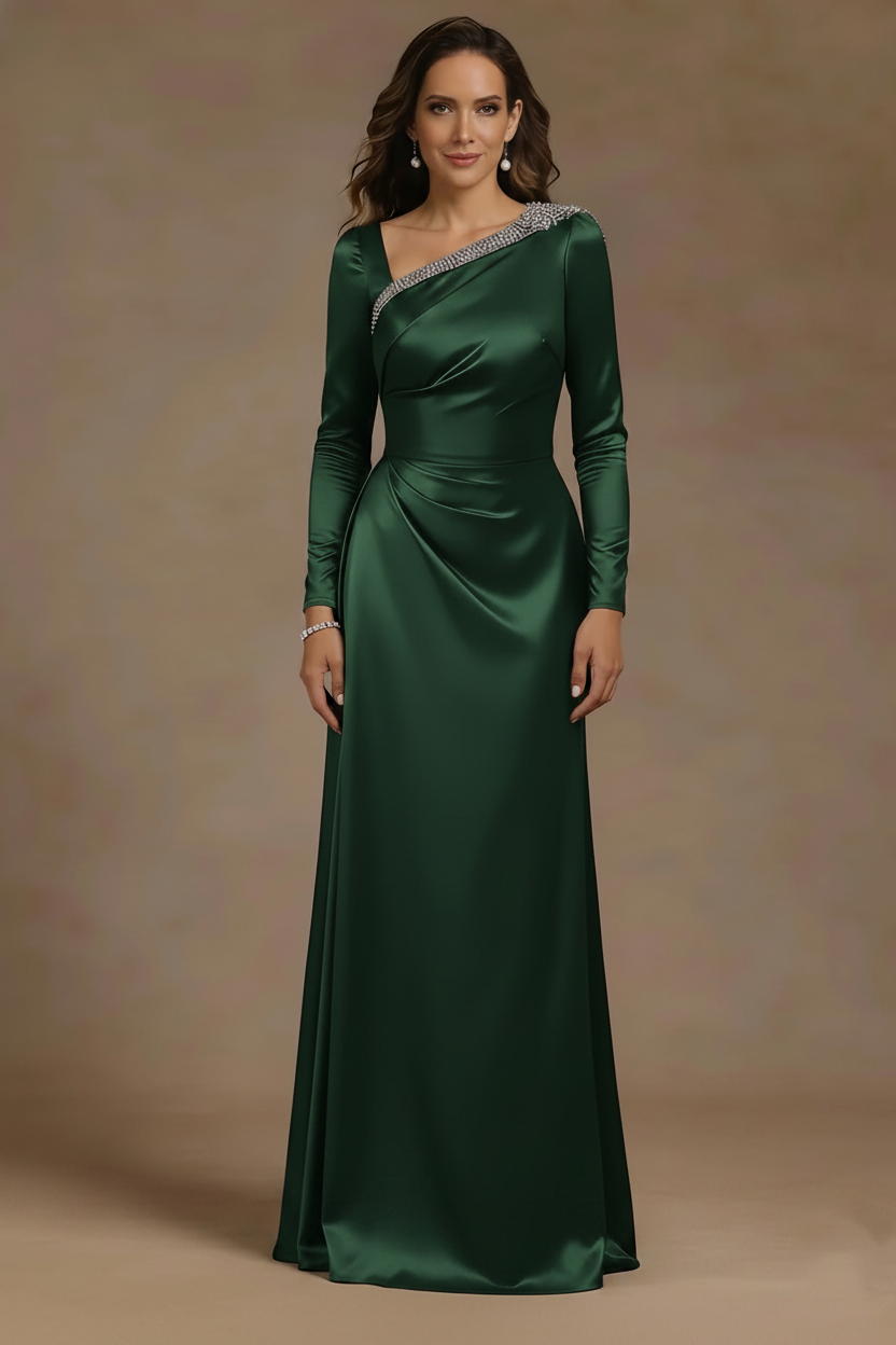 Sheath/Column Asymmetrical Neck Satin Mother of the Bride Dresses Rhinestone Long Sleeves Floor-Length Ruched