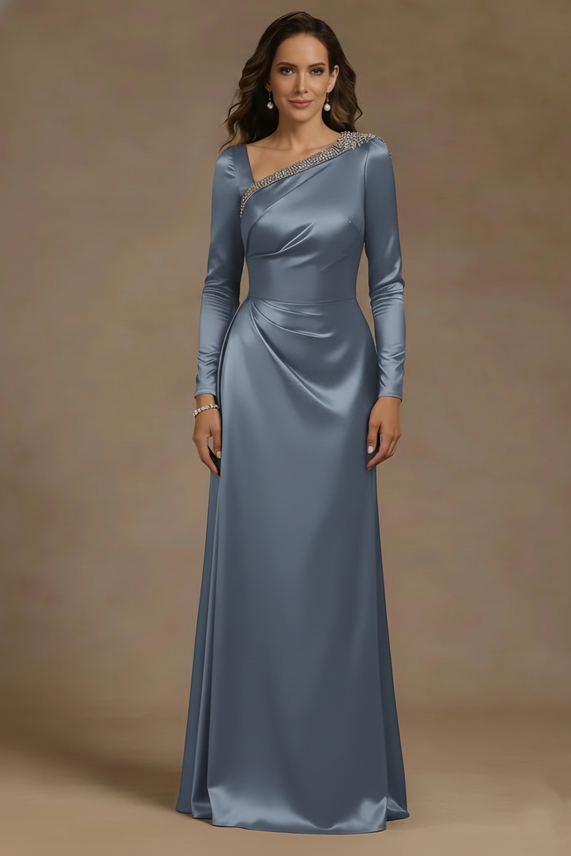 Sheath/Column Asymmetrical Neck Satin Mother of the Bride Dresses Rhinestone Long Sleeves Floor-Length Ruched