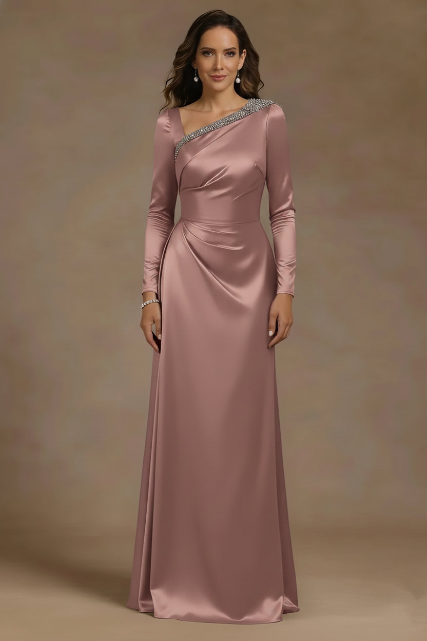 Sheath/Column Asymmetrical Neck Satin Mother of the Bride Dresses Rhinestone Long Sleeves Floor-Length Ruched