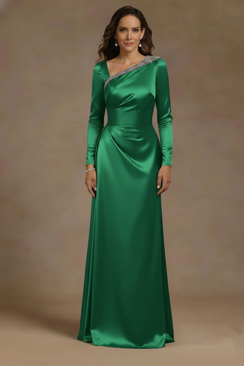 Sheath/Column Asymmetrical Neck Satin Mother of the Bride Dresses Rhinestone Long Sleeves Floor-Length Ruched