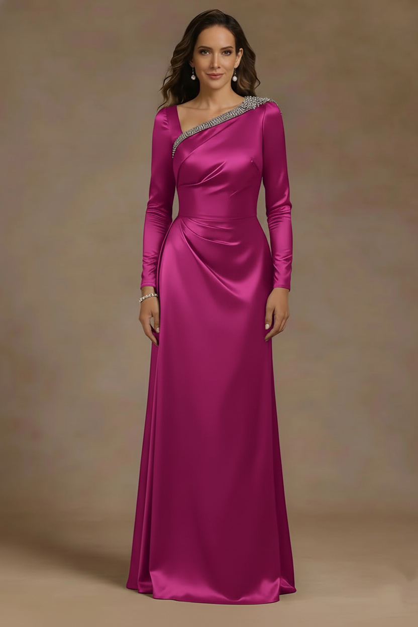 Sheath/Column Asymmetrical Neck Satin Mother of the Bride Dresses Rhinestone Long Sleeves Floor-Length Ruched