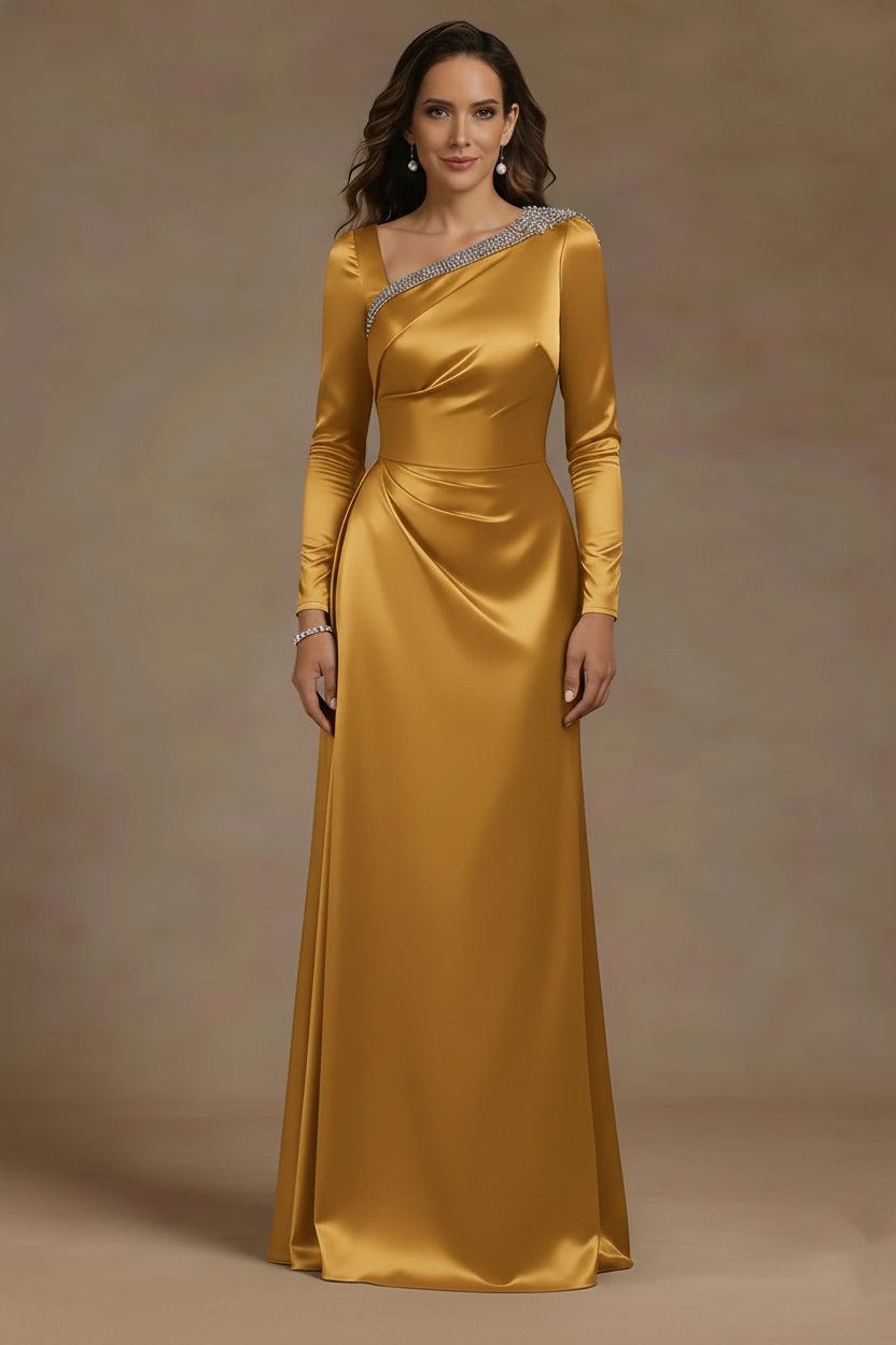Sheath/Column Asymmetrical Neck Satin Mother of the Bride Dresses Rhinestone Long Sleeves Floor-Length Ruched