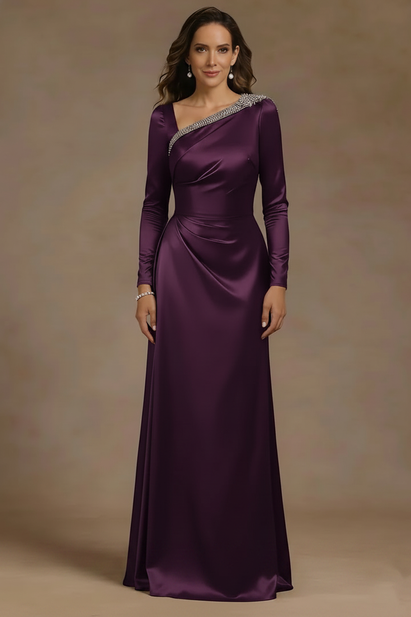 Sheath/Column Asymmetrical Neck Satin Mother of the Bride Dresses Rhinestone Long Sleeves Floor-Length Ruched