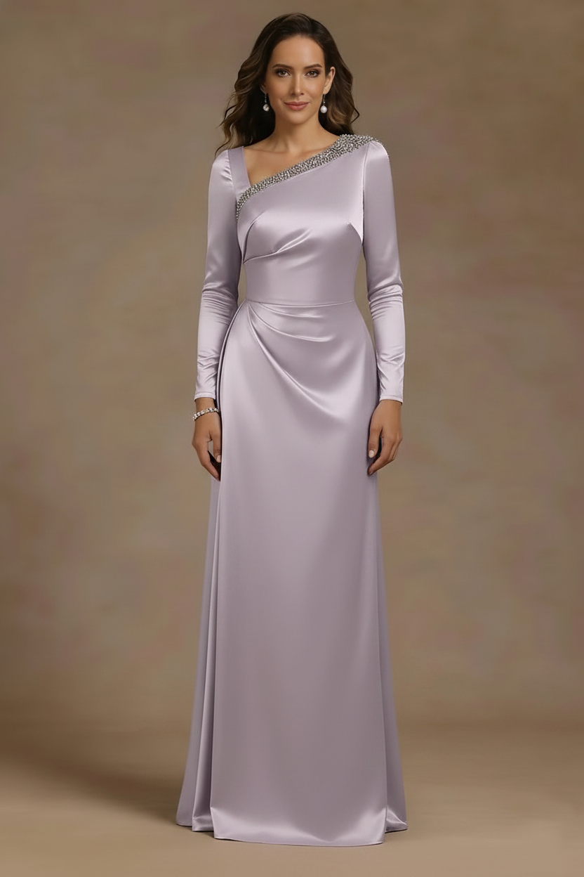 Sheath/Column Asymmetrical Neck Satin Mother of the Bride Dresses Rhinestone Long Sleeves Floor-Length Ruched