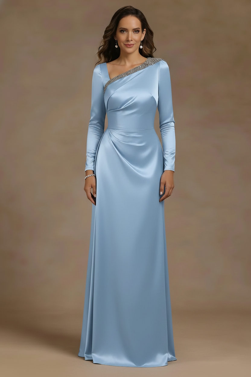 Sheath/Column Asymmetrical Neck Satin Mother of the Bride Dresses Rhinestone Long Sleeves Floor-Length Ruched