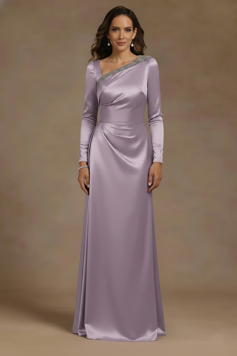Sheath/Column Asymmetrical Neck Satin Mother of the Bride Dresses Rhinestone Long Sleeves Floor-Length Ruched