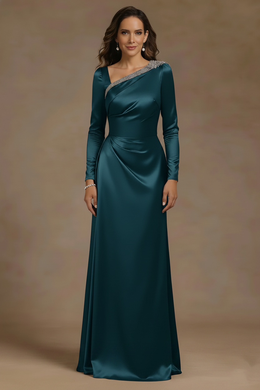 Sheath/Column Asymmetrical Neck Satin Mother of the Bride Dresses Rhinestone Long Sleeves Floor-Length Ruched