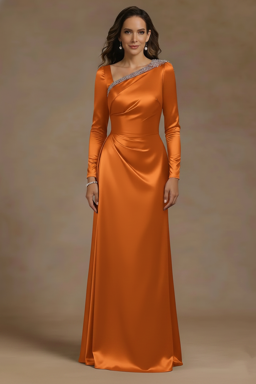 Sheath/Column Asymmetrical Neck Satin Mother of the Bride Dresses Rhinestone Long Sleeves Floor-Length Ruched