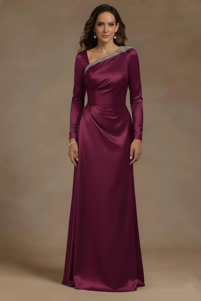 Sheath/Column Asymmetrical Neck Satin Mother of the Bride Dresses Rhinestone Long Sleeves Floor-Length Ruched