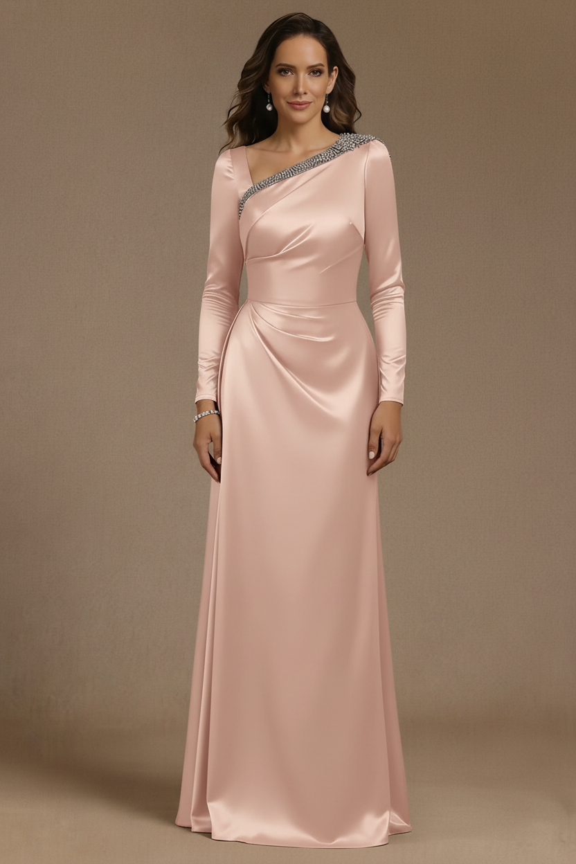 Sheath/Column Asymmetrical Neck Satin Mother of the Bride Dresses Rhinestone Long Sleeves Floor-Length Ruched