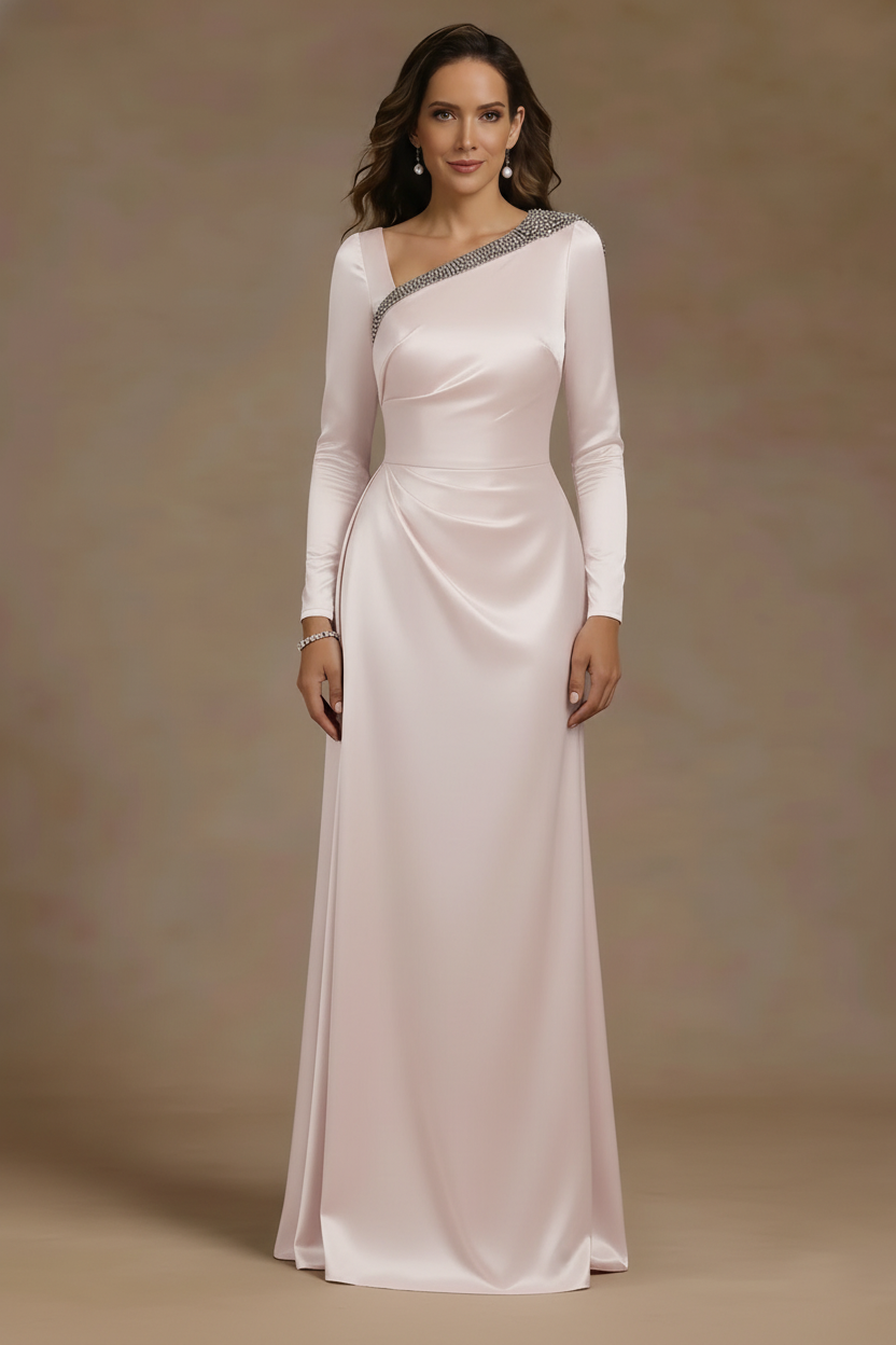 Sheath/Column Asymmetrical Neck Satin Mother of the Bride Dresses Rhinestone Long Sleeves Floor-Length Ruched