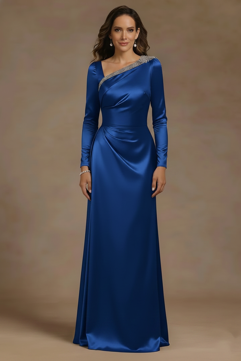 Sheath/Column Asymmetrical Neck Satin Mother of the Bride Dresses Rhinestone Long Sleeves Floor-Length Ruched