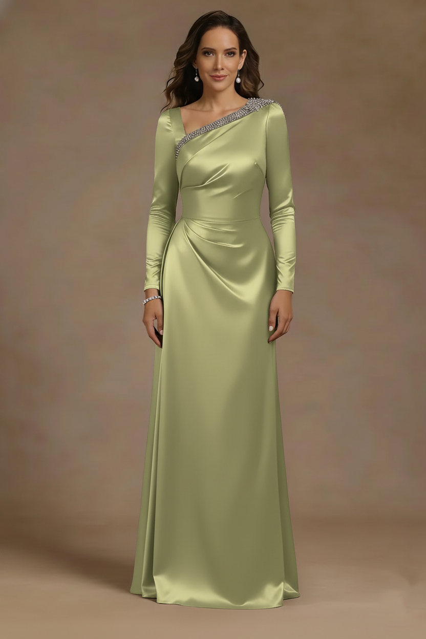 Sheath/Column Asymmetrical Neck Satin Mother of the Bride Dresses Rhinestone Long Sleeves Floor-Length Ruched