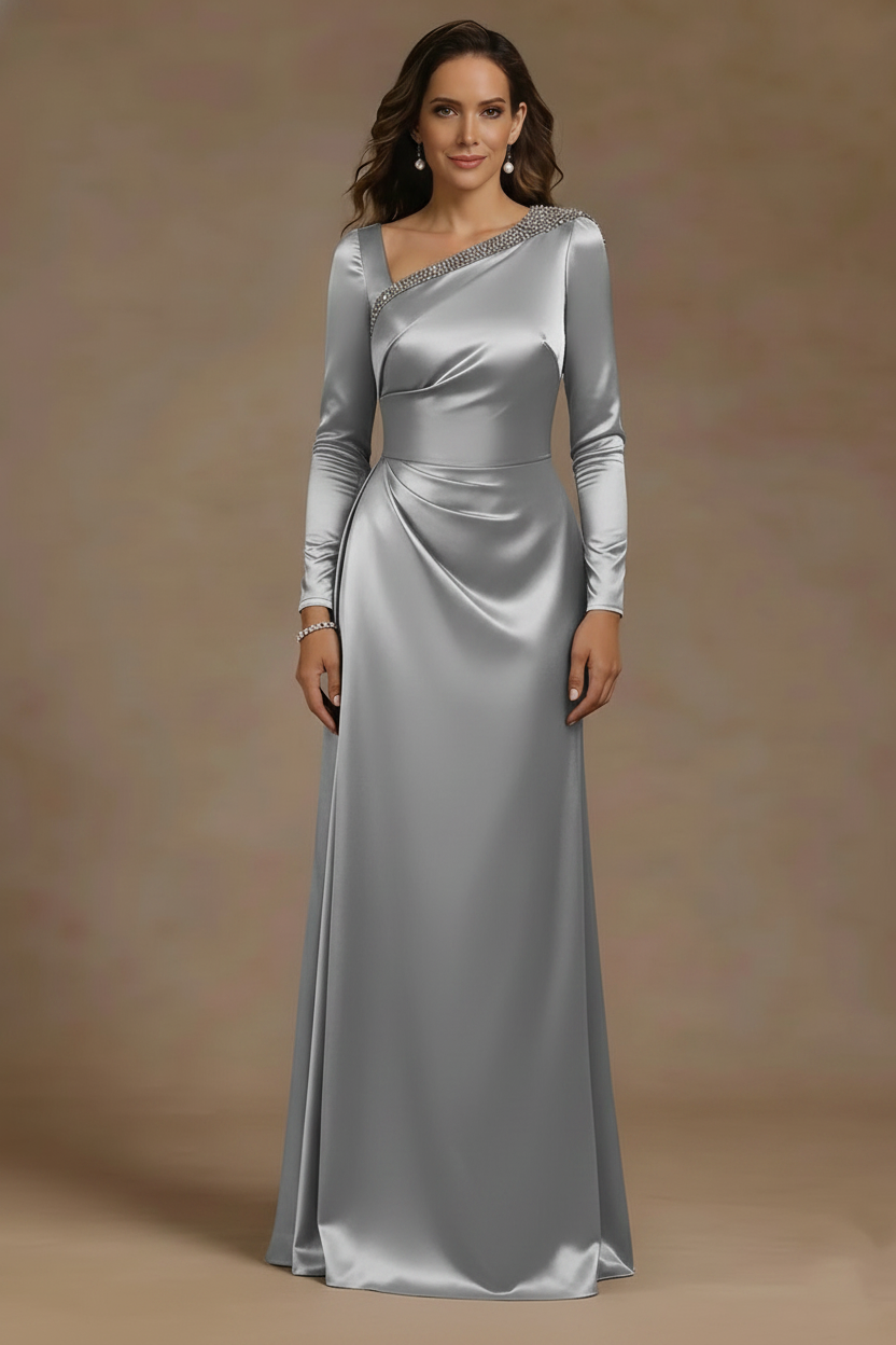 Sheath/Column Asymmetrical Neck Satin Mother of the Bride Dresses Rhinestone Long Sleeves Floor-Length Ruched