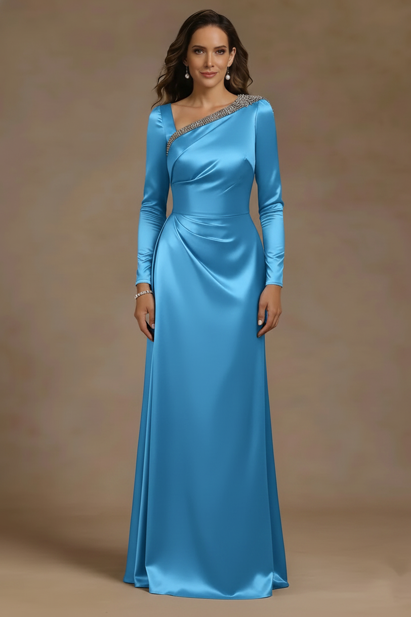 Sheath/Column Asymmetrical Neck Satin Mother of the Bride Dresses Rhinestone Long Sleeves Floor-Length Ruched