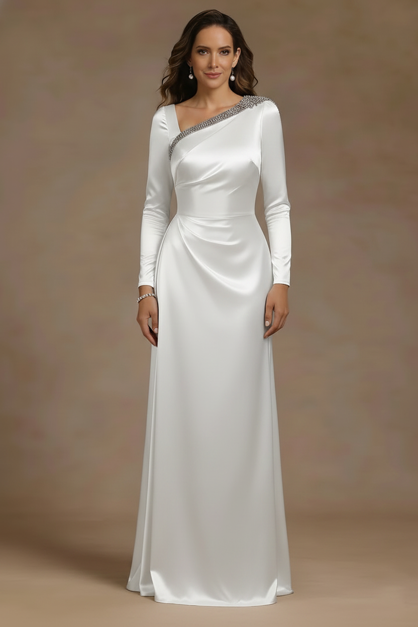 Sheath/Column Asymmetrical Neck Satin Mother of the Bride Dresses Rhinestone Long Sleeves Floor-Length Ruched