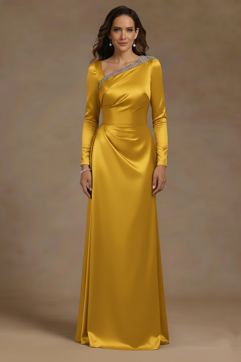 Sheath/Column Asymmetrical Neck Satin Mother of the Bride Dresses Rhinestone Long Sleeves Floor-Length Ruched