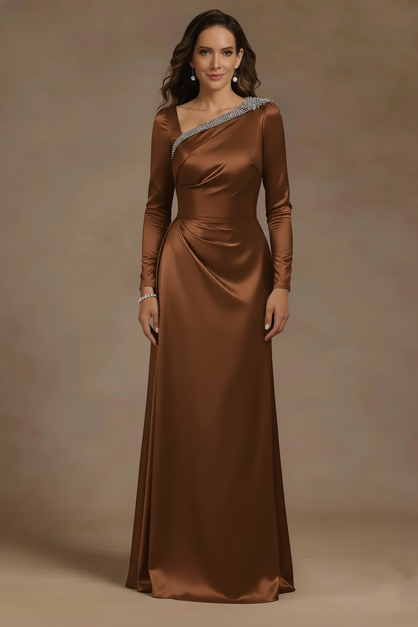 Sheath/Column Asymmetrical Neck Satin Mother of the Bride Dresses Rhinestone Long Sleeves Floor-Length Ruched