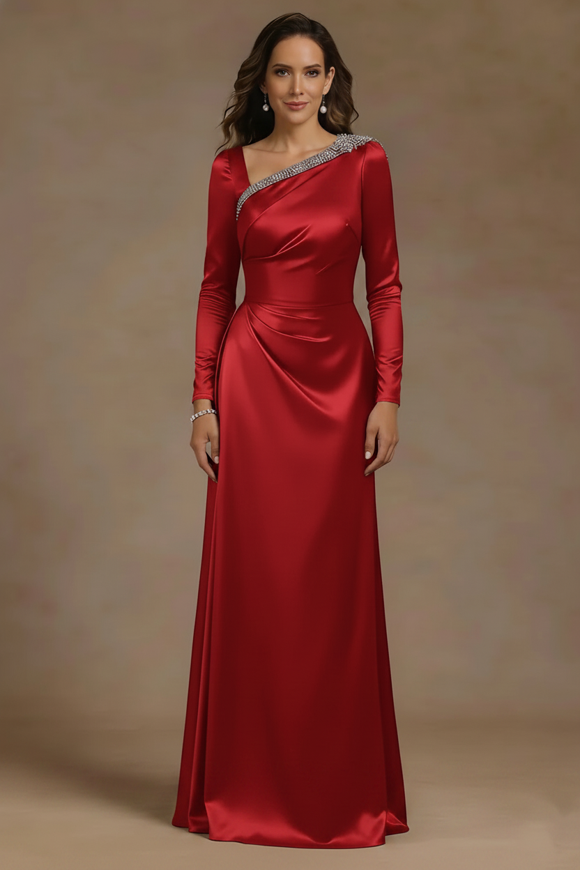 Sheath/Column Asymmetrical Neck Satin Mother of the Bride Dresses Rhinestone Long Sleeves Floor-Length Ruched