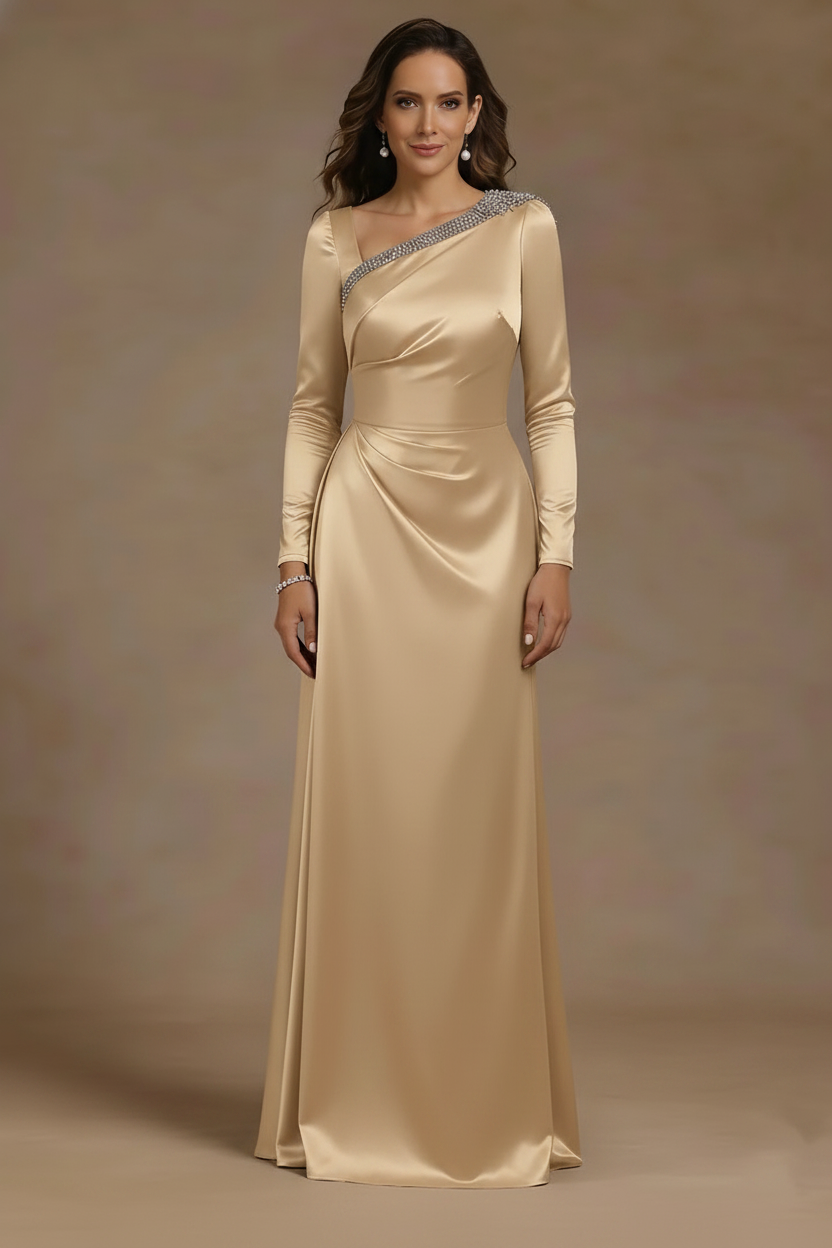 Sheath/Column Asymmetrical Neck Satin Mother of the Bride Dresses Rhinestone Long Sleeves Floor-Length Ruched