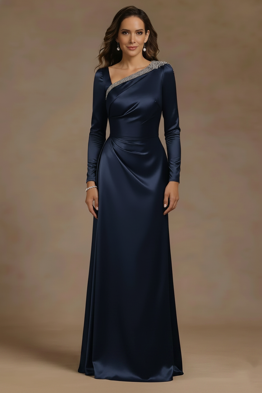 Sheath/Column Asymmetrical Neck Satin Mother of the Bride Dresses Rhinestone Long Sleeves Floor-Length Ruched