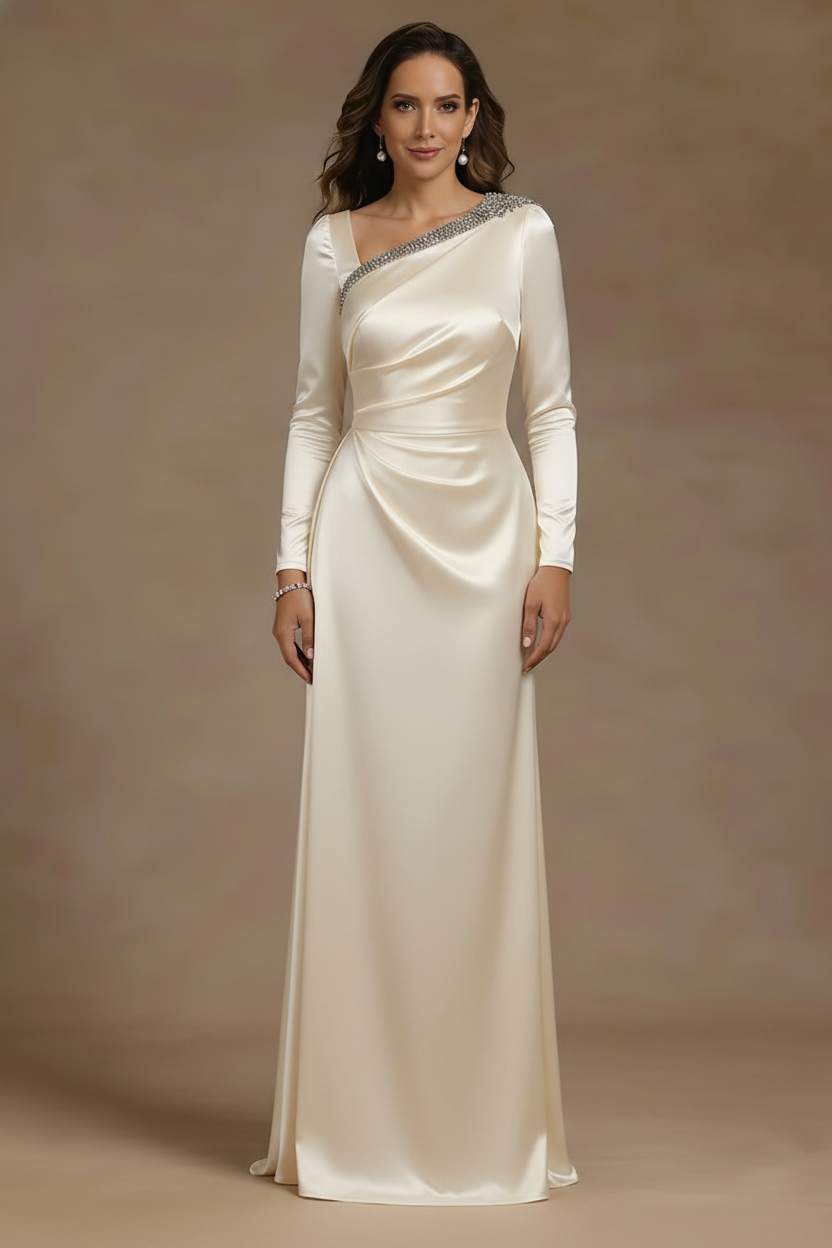 Sheath/Column Asymmetrical Neck Satin Mother of the Bride Dresses Rhinestone Long Sleeves Floor-Length Ruched