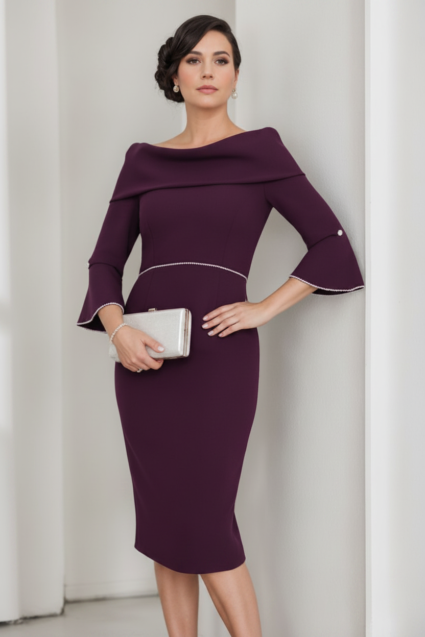 Sheath/Column Cowl Neck 3/4 Sleeves Mother Of The Bride & Groom Dresses with Pearl