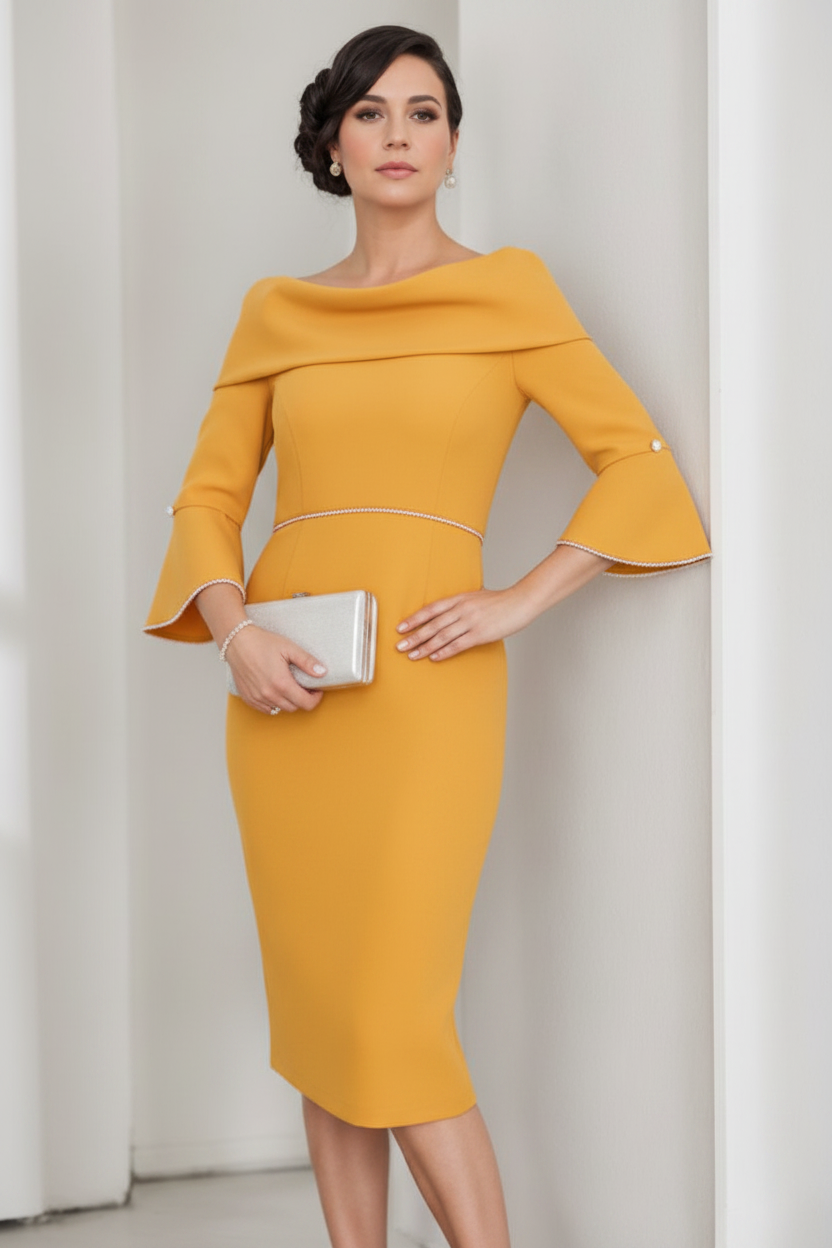 Sheath/Column Cowl Neck 3/4 Sleeves Mother Of The Bride & Groom Dresses with Pearl