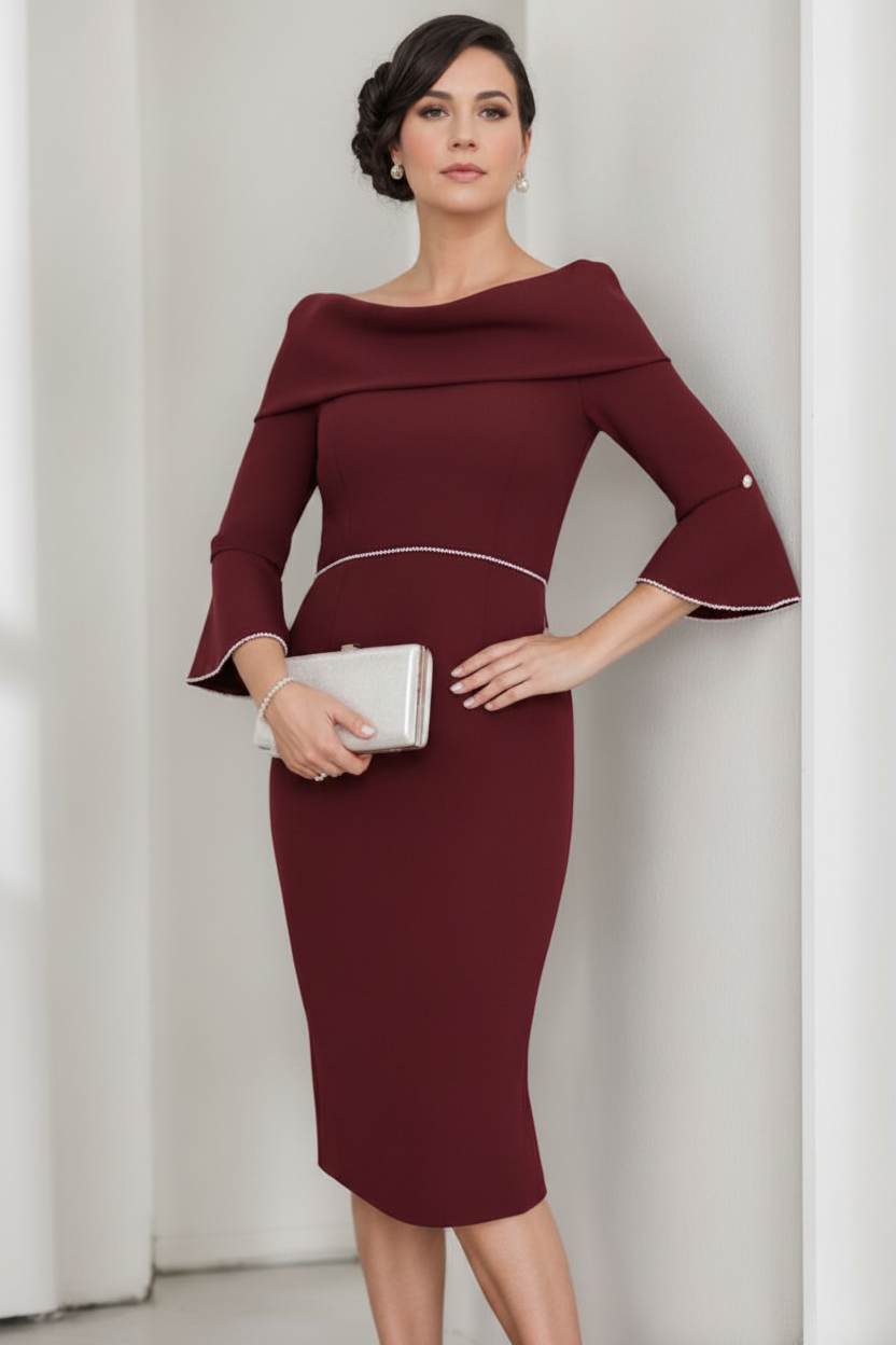 Sheath/Column Cowl Neck 3/4 Sleeves Mother Of The Bride & Groom Dresses with Pearl