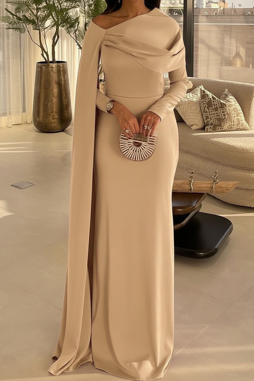 Sheath/Column Floor Length Evening Dresses Long Sleeves Silk Like Satin With Ruched