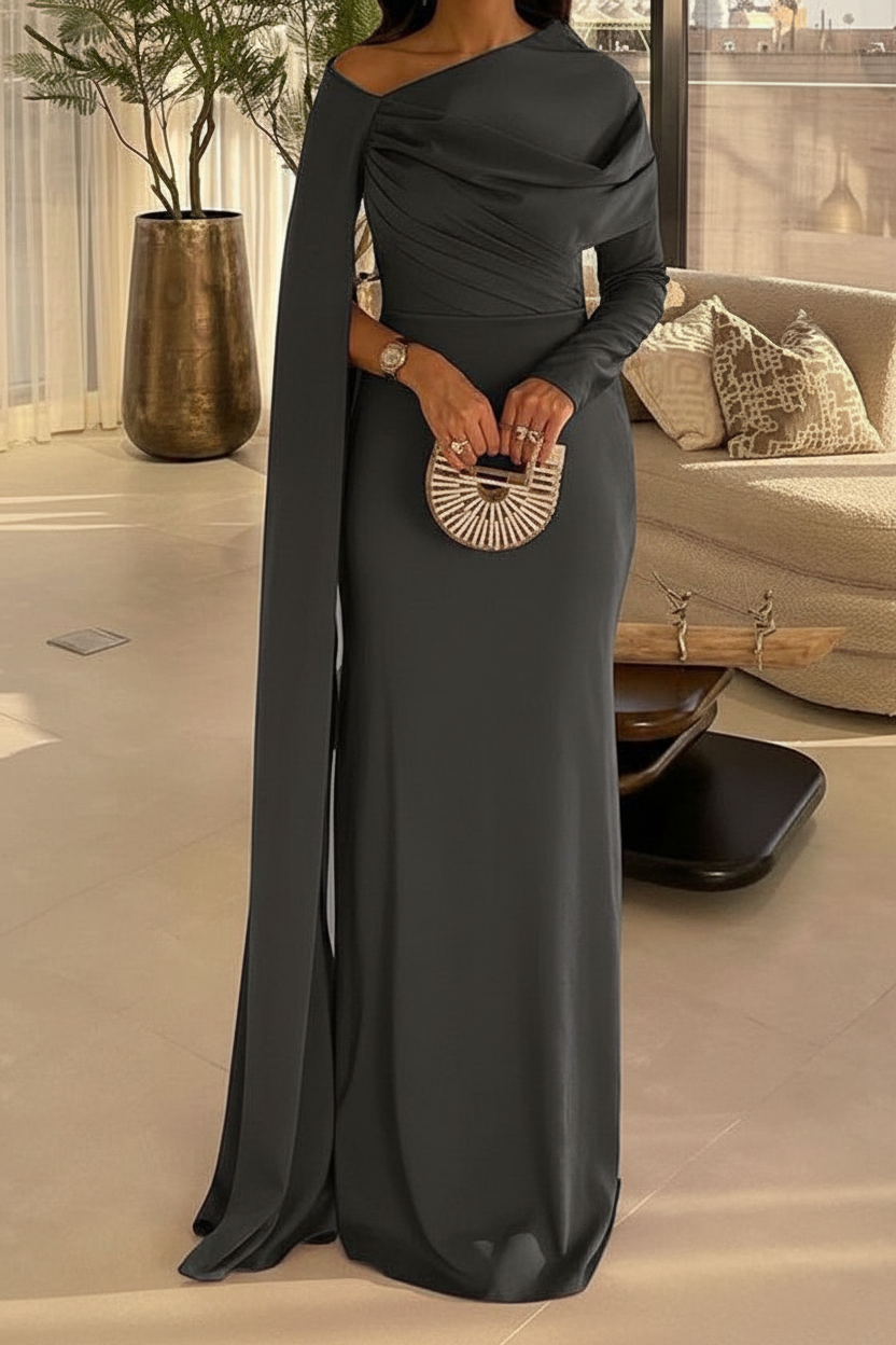 Sheath/Column Floor Length Evening Dresses Long Sleeves Silk Like Satin With Ruched