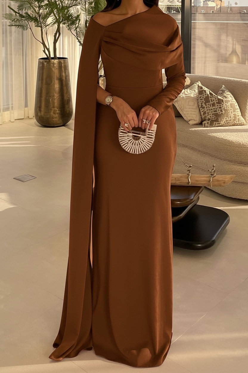 Sheath/Column Floor Length Evening Dresses Long Sleeves Silk Like Satin With Ruched