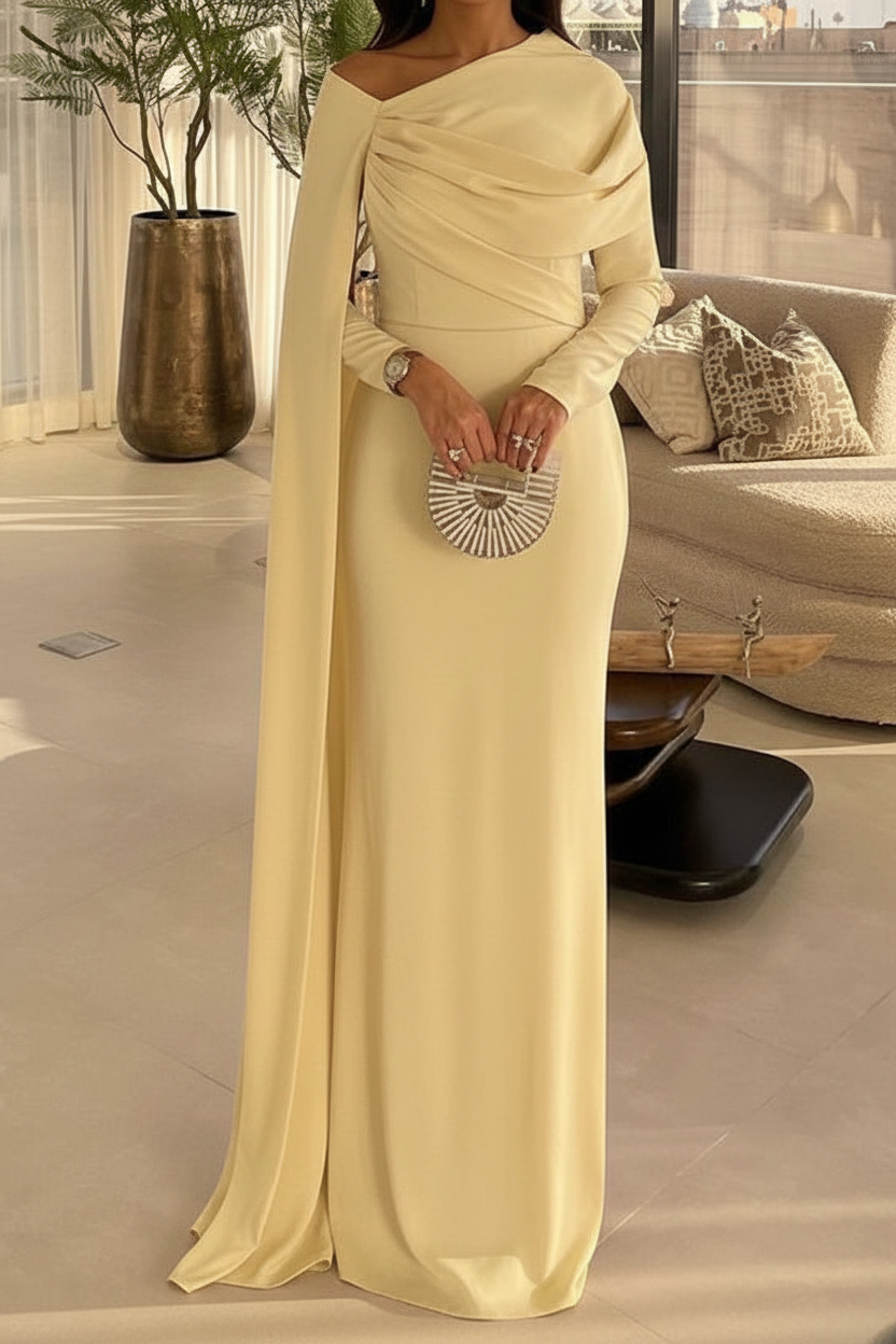 Sheath/Column Floor Length Evening Dresses Long Sleeves Silk Like Satin With Ruched