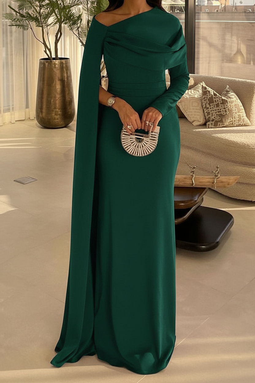 Sheath/Column Floor Length Evening Dresses Long Sleeves Silk Like Satin With Ruched