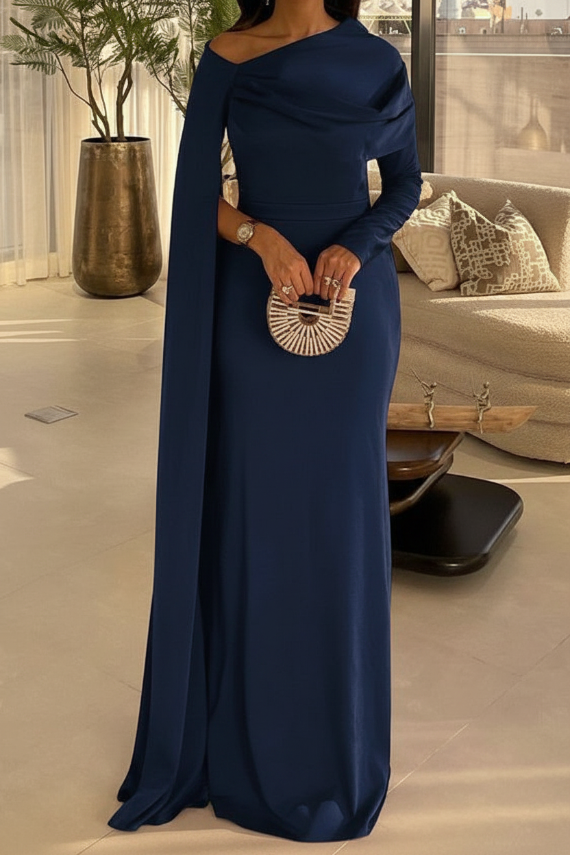 Sheath/Column Floor Length Evening Dresses Long Sleeves Silk Like Satin With Ruched