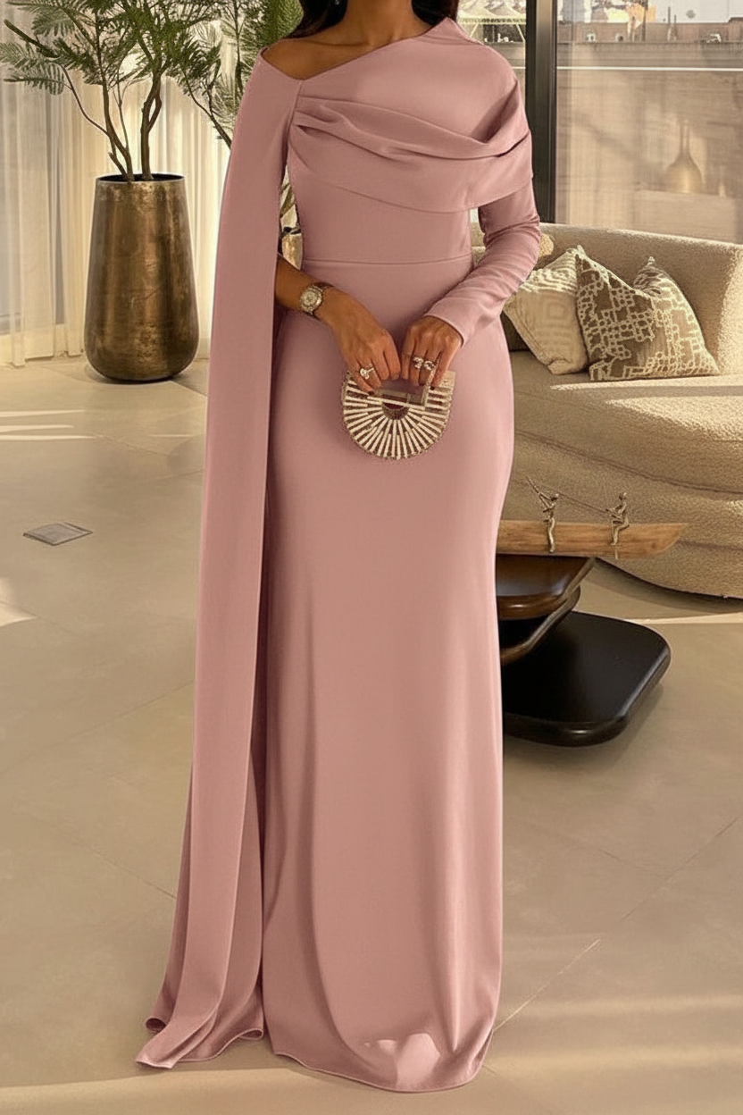 Sheath/Column Floor Length Evening Dresses Long Sleeves Silk Like Satin With Ruched