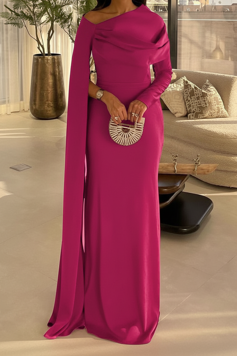 Sheath/Column Floor Length Evening Dresses Long Sleeves Silk Like Satin With Ruched