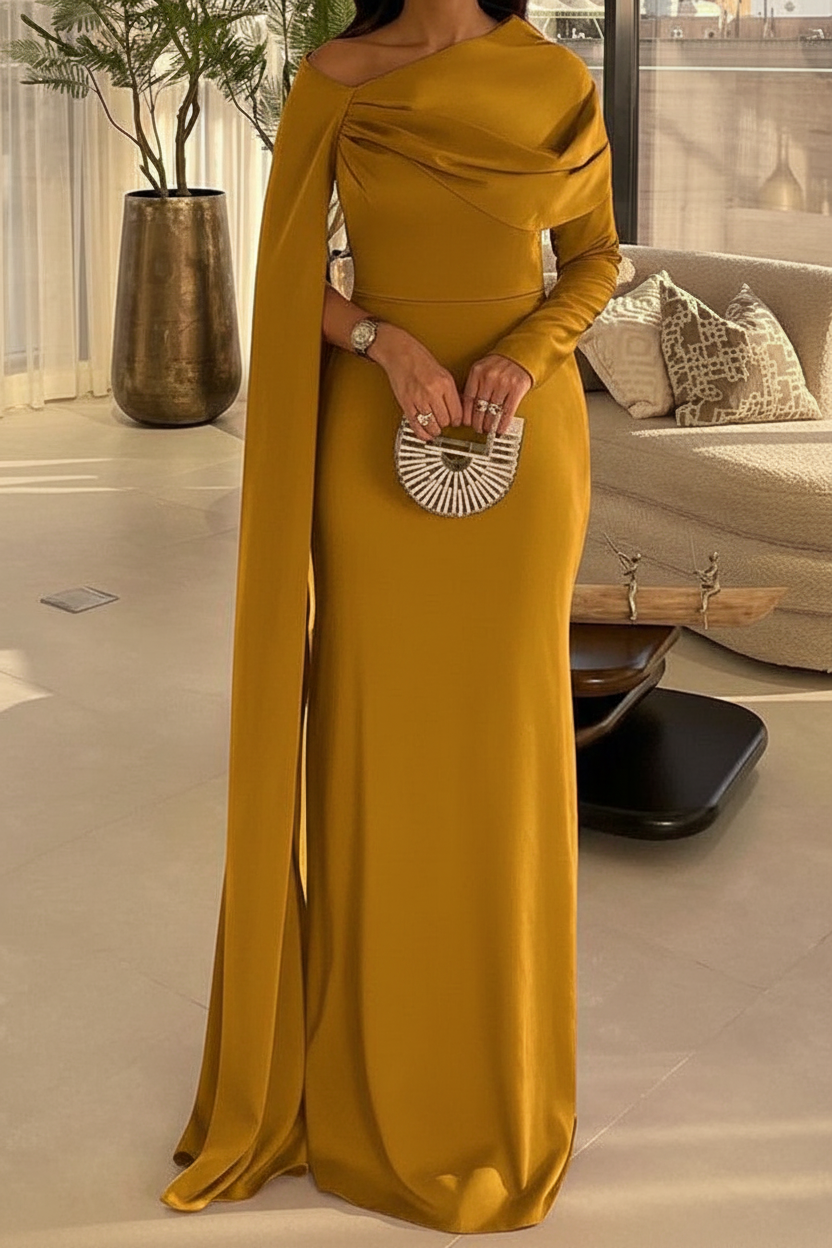 Sheath/Column Floor Length Evening Dresses Long Sleeves Silk Like Satin With Ruched