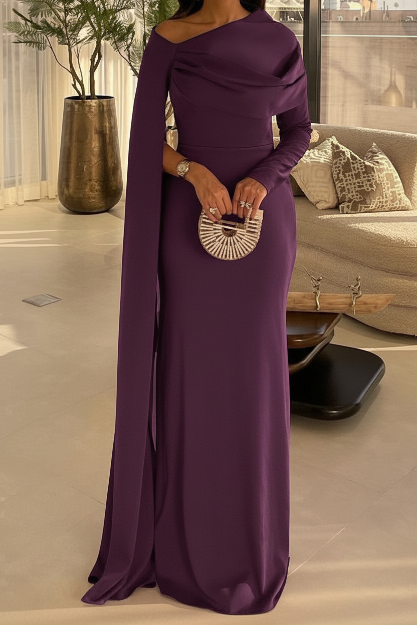 Sheath/Column Floor Length Evening Dresses Long Sleeves Silk Like Satin With Ruched