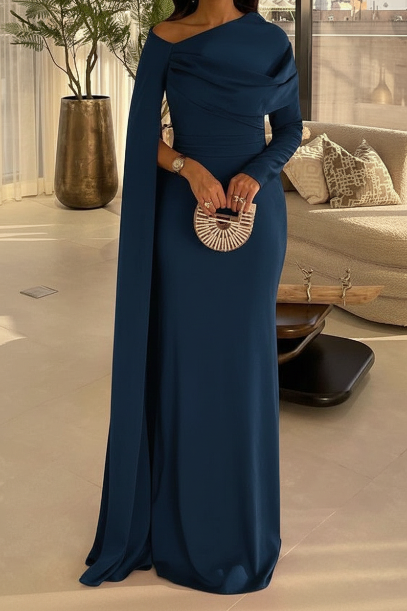 Sheath/Column Floor Length Evening Dresses Long Sleeves Silk Like Satin With Ruched