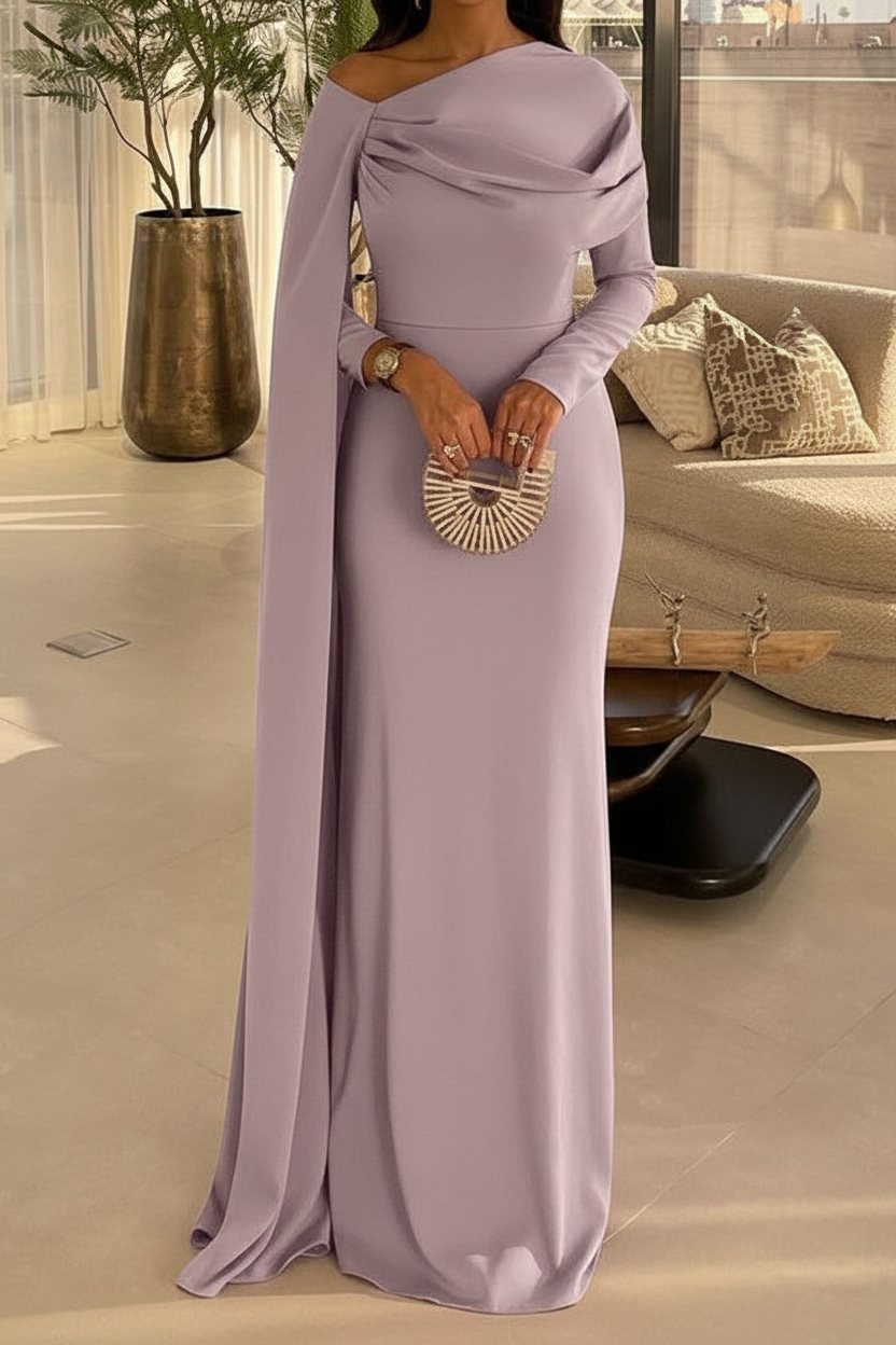 Sheath/Column Floor Length Evening Dresses Long Sleeves Silk Like Satin With Ruched
