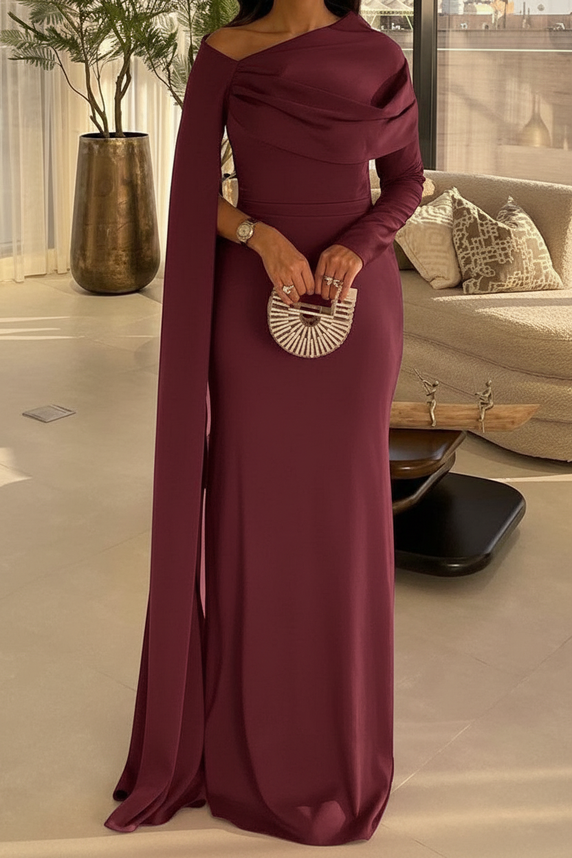 Sheath/Column Floor Length Evening Dresses Long Sleeves Silk Like Satin With Ruched