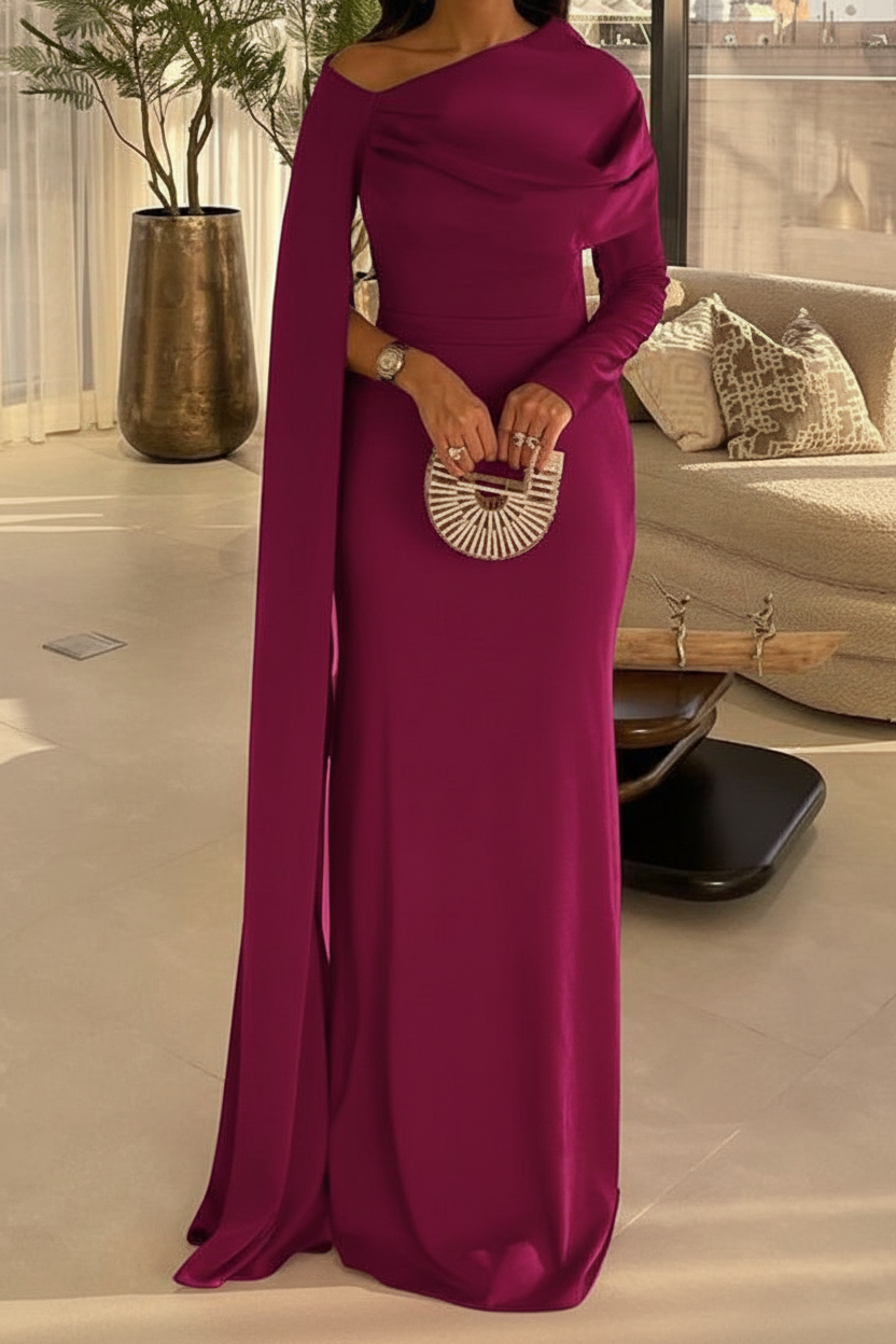 Sheath/Column Floor Length Evening Dresses Long Sleeves Silk Like Satin With Ruched