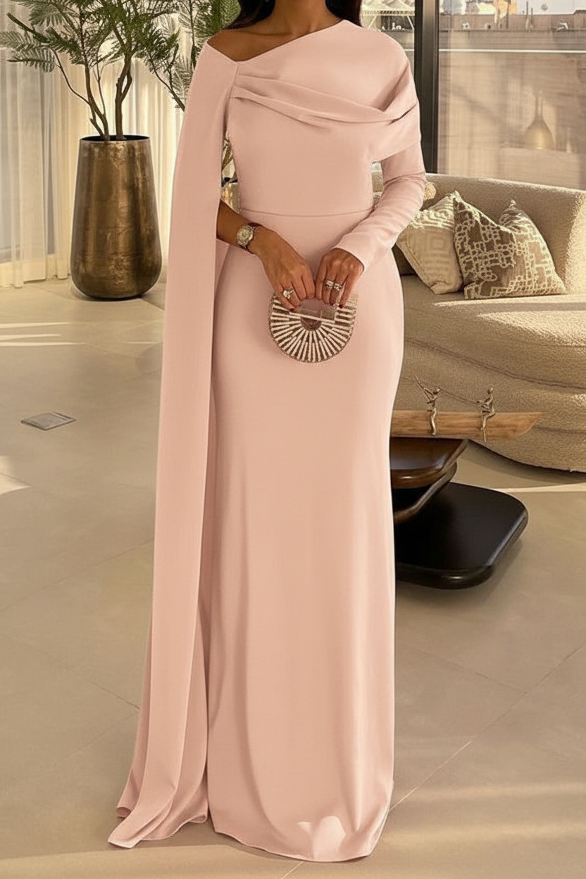 Sheath/Column Floor Length Evening Dresses Long Sleeves Silk Like Satin With Ruched